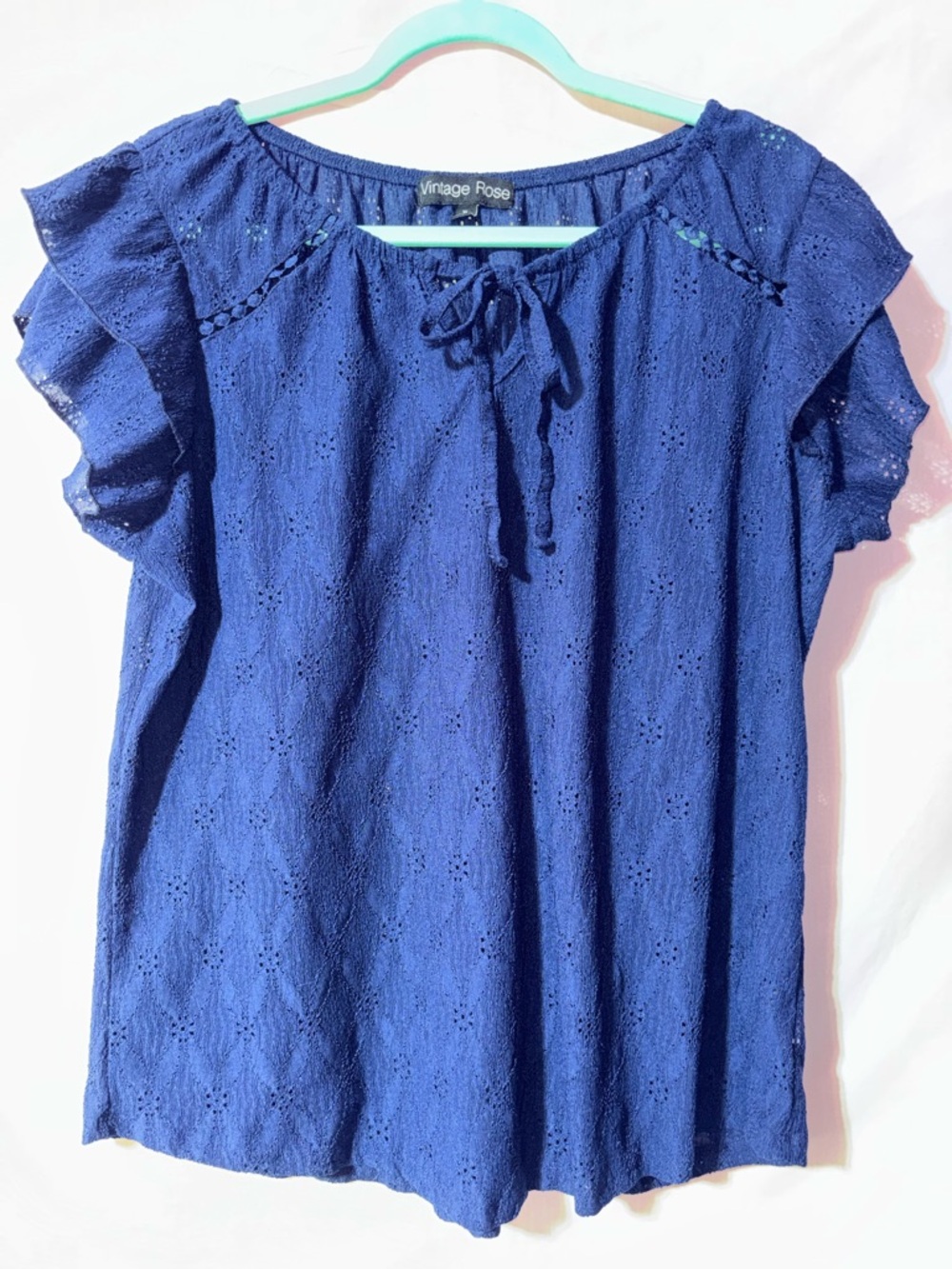 Vintage Rose Navy Eyelet Tie-Neck Flutter Sleeve Top